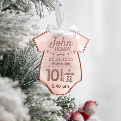 Close-up of an acrylic ornament, the Personalized Newborn Birth Stats Acrylic Ornament is an ideal birth stats ornament and gift.