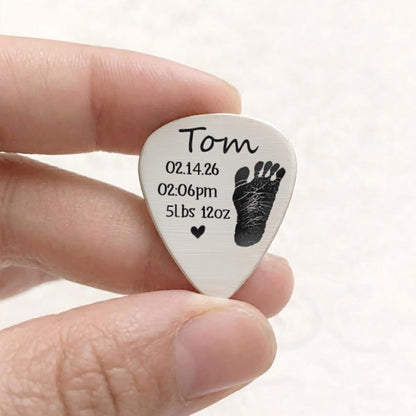 Durable laser engraved guitar pick, providing a professional way to showcase baby footprint memories.