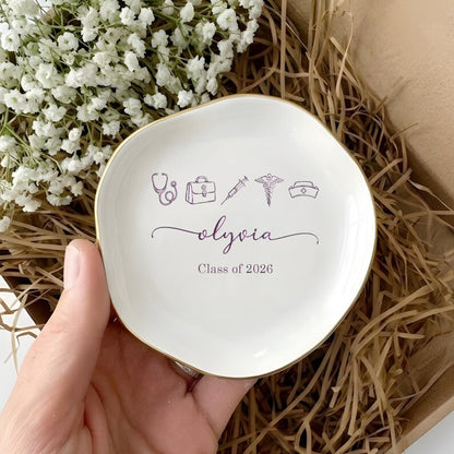 Durable personalized ring holder for nurses, providing a meaningful way to store rings after shifts.