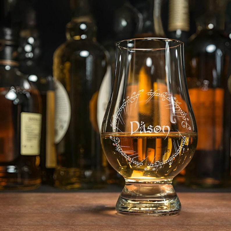Personalized One Ring Whiskey Tasting Glass, a unique custom whiskey glass and perfect Lord of the Rings gift for him.