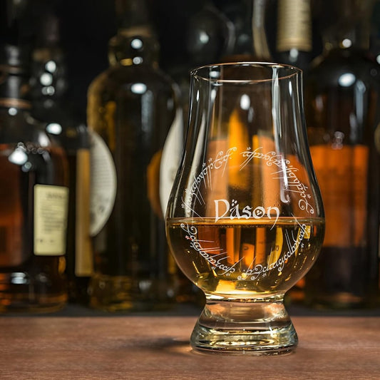 Personalized One Ring Whiskey Tasting Glass, a unique custom whiskey glass and perfect Lord of the Rings gift for him.