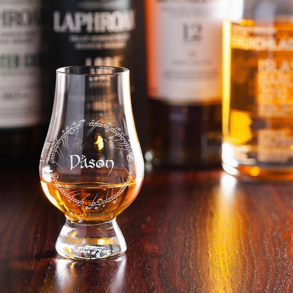 A close-up of the engraved Personalized One Ring Whiskey Tasting Glass, showcasing the custom whiskey glasses design.