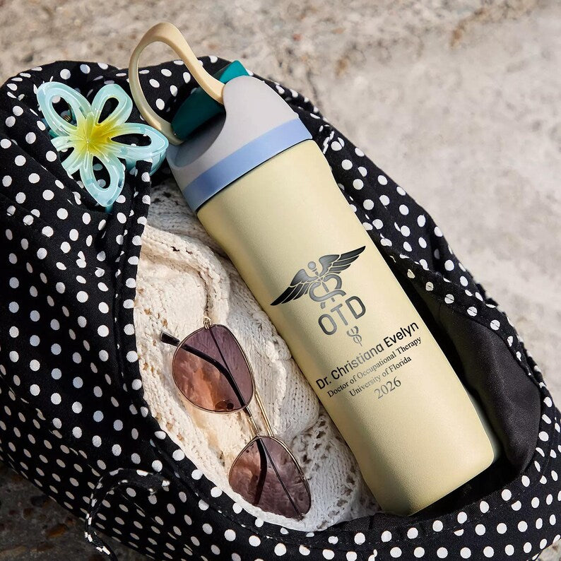 This custom laser engraved water bottle is the perfect graduation gift for a Doctor of Occupational Therapy.