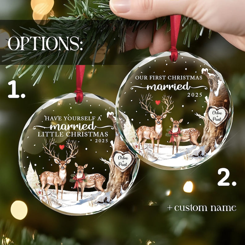 This custom printed ornament, a newlywed Christmas ornament, is a beautiful keepsake wedding ornament for the tree.