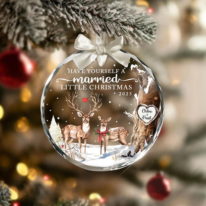 Close-up of a personalized Christmas ornament, this custom printed ornament features a photo of the married couple.