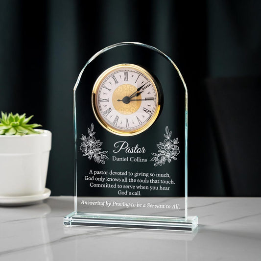 Personalized Pastor Appreciation Crystal Desk Clock designed as an inspiring pastor appreciation award