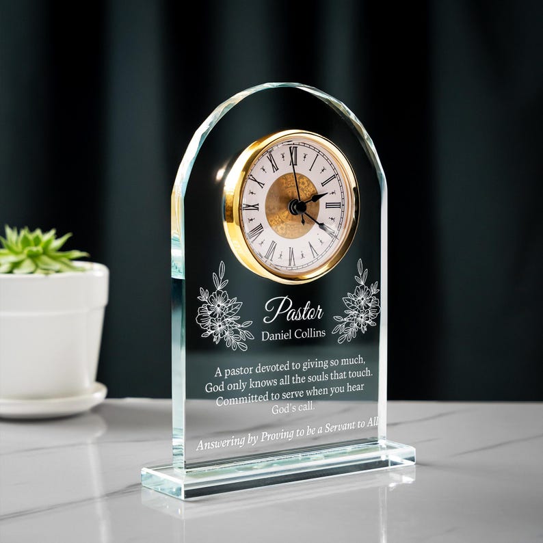 Elegant Personalized Pastor Appreciation Crystal Desk Clock presented as meaningful christian gifts