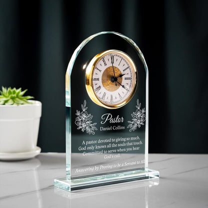 Elegant Personalized Pastor Appreciation Crystal Desk Clock presented as meaningful christian gifts
