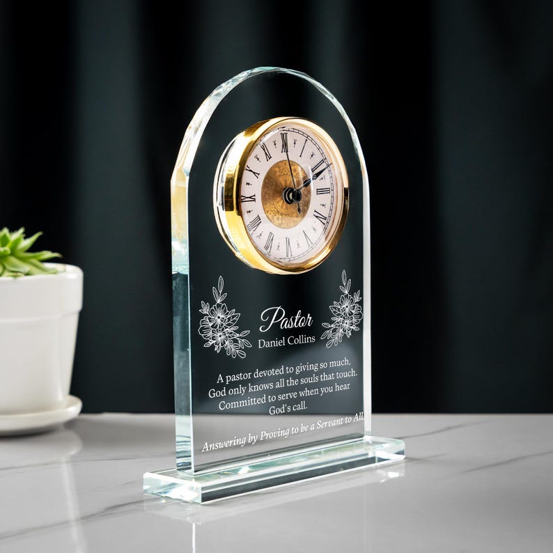 Personalized Pastor Appreciation Crystal Desk Clock showcased as thoughtful church staff gifts