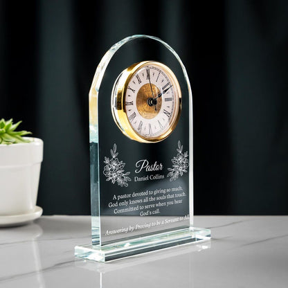Personalized Pastor Appreciation Crystal Desk Clock showcased as thoughtful church staff gifts