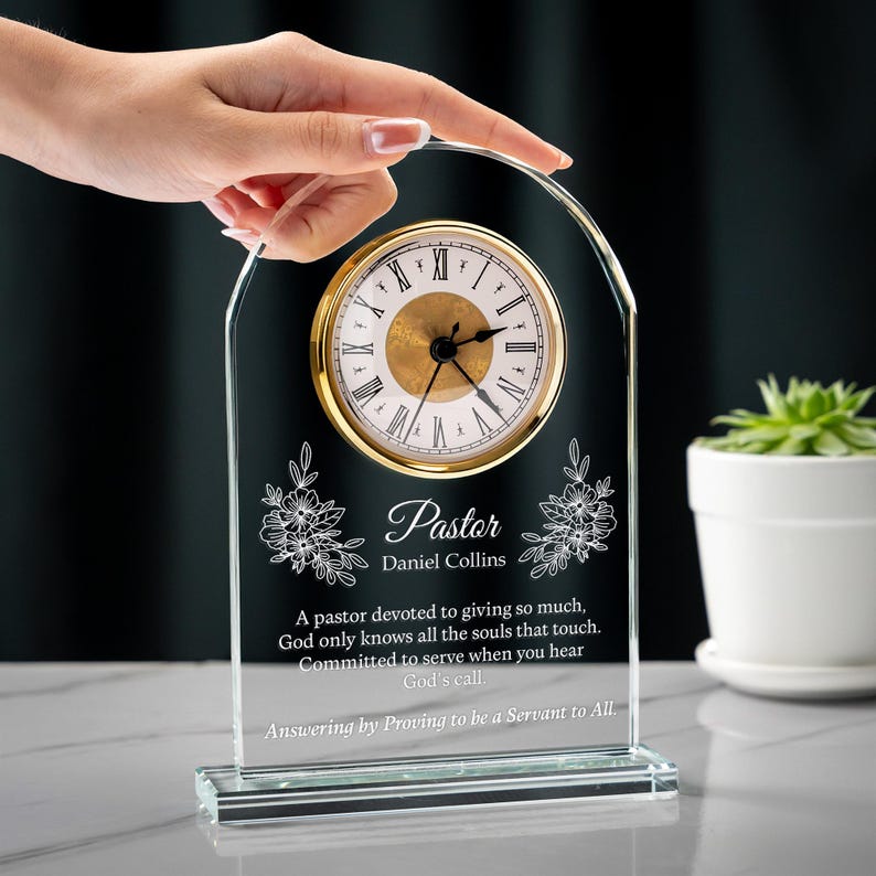 Unique Personalized Pastor Appreciation Crystal Desk Clock created as ministry appreciation gifts