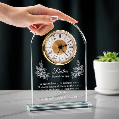 Unique Personalized Pastor Appreciation Crystal Desk Clock created as ministry appreciation gifts