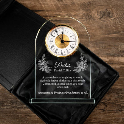 Personalized Pastor Appreciation Crystal Desk Clock highlighted as heartfelt pastor's appreciation gifts