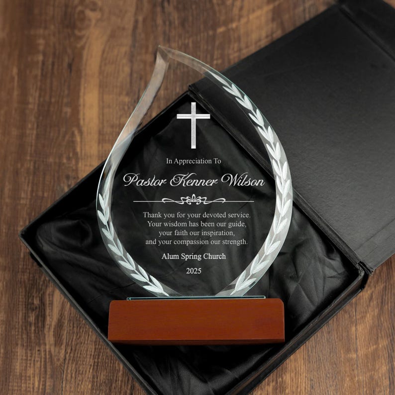 Personalized Pastor Appreciation Flame Crystal Award showcased as thoughtful church staff gifts