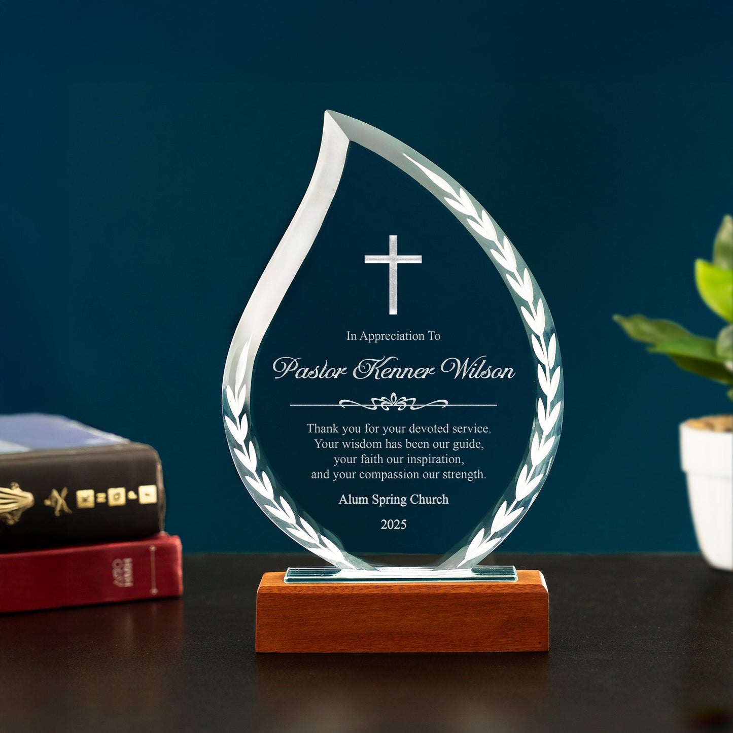 Personalized Pastor Appreciation Flame Crystal Award designed as an elegant pastor appreciation award