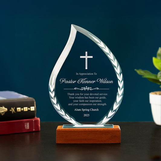 Personalized Pastor Appreciation Flame Crystal Award designed as an elegant pastor appreciation award