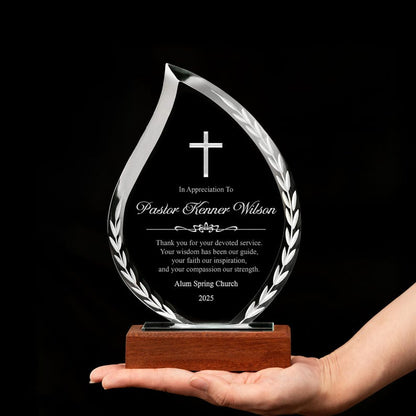Elegant Personalized Pastor Appreciation Flame Crystal Award presented as meaningful christian gifts