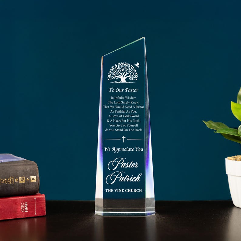 A close-up of the engraved Personalized Pastor Appreciation Award, a custom award for church staff recognition.