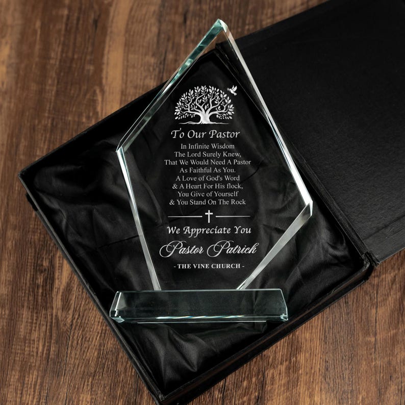 Personalized Pastor Appreciation Award, a unique thank you gift for a minister and valuable church staff gift.