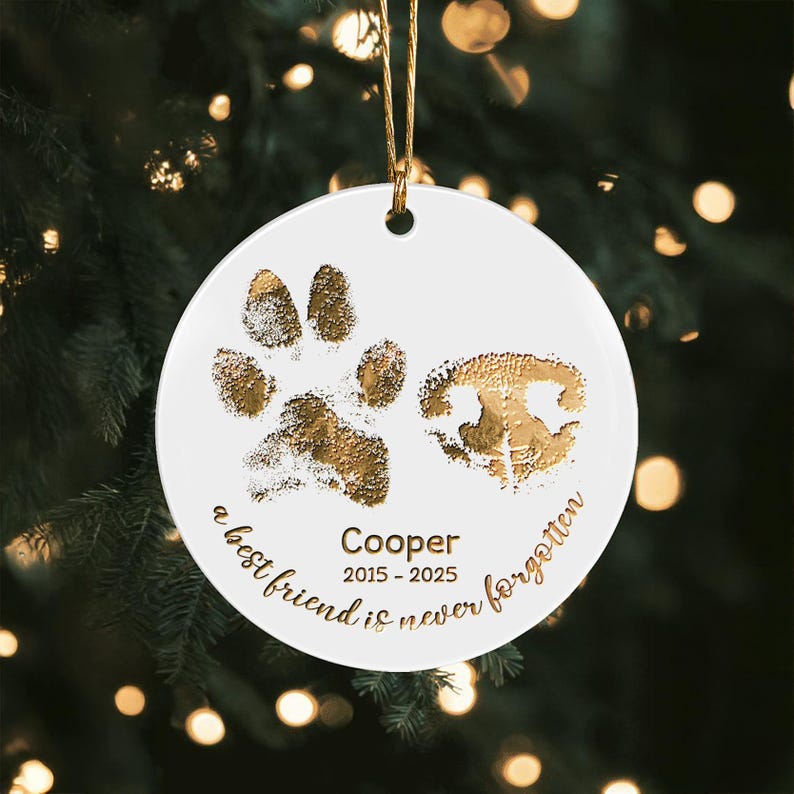 A Personalized Paw and Nose Ceramic Ornament, a unique memorial ornament and cherished pet loss gift.