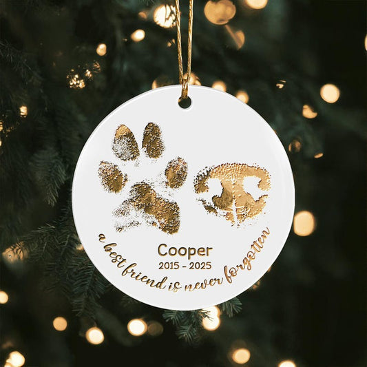 A Personalized Paw and Nose Ceramic Ornament, a unique memorial ornament and cherished pet loss gift.