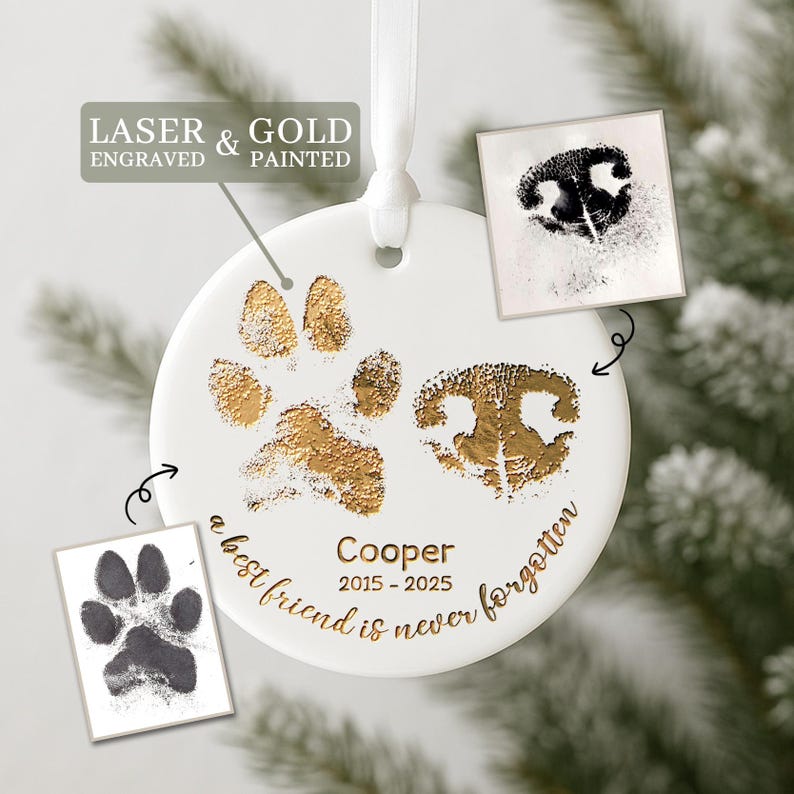 Close-up of a dog paw ornament, the Personalized Paw and Nose Ceramic Ornament is a heartfelt pet loss gift and memorial.