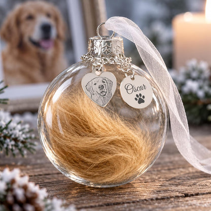 Personalized Pet Fur Memorial Ornament, a custom engraved Christmas ornament for pet loss.
