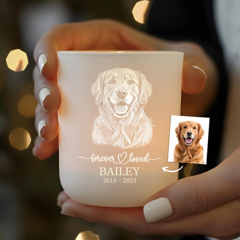 A Personalized Pet Memorial Glass Tea Light Holder, a touching pet loss gift and a beautiful pet memorial gift.
