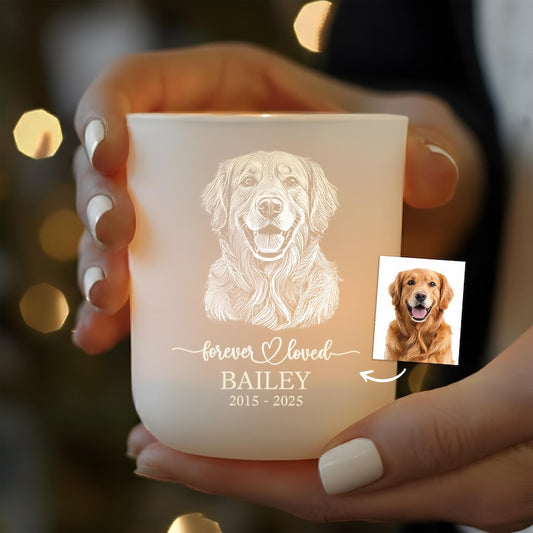 A Personalized Pet Memorial Glass Tea Light Holder, a touching pet loss gift and a beautiful pet memorial gift.