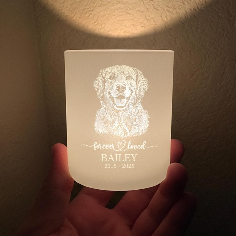 This engraved tea light holder, a Personalized Pet Memorial Glass Tea Light Holder, is a thoughtful dog memorial gift.