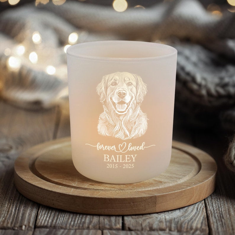 A beautiful pet memorial tea light holder, this Personalized Glass Tea Light Holder is a comforting gift for dog owners.