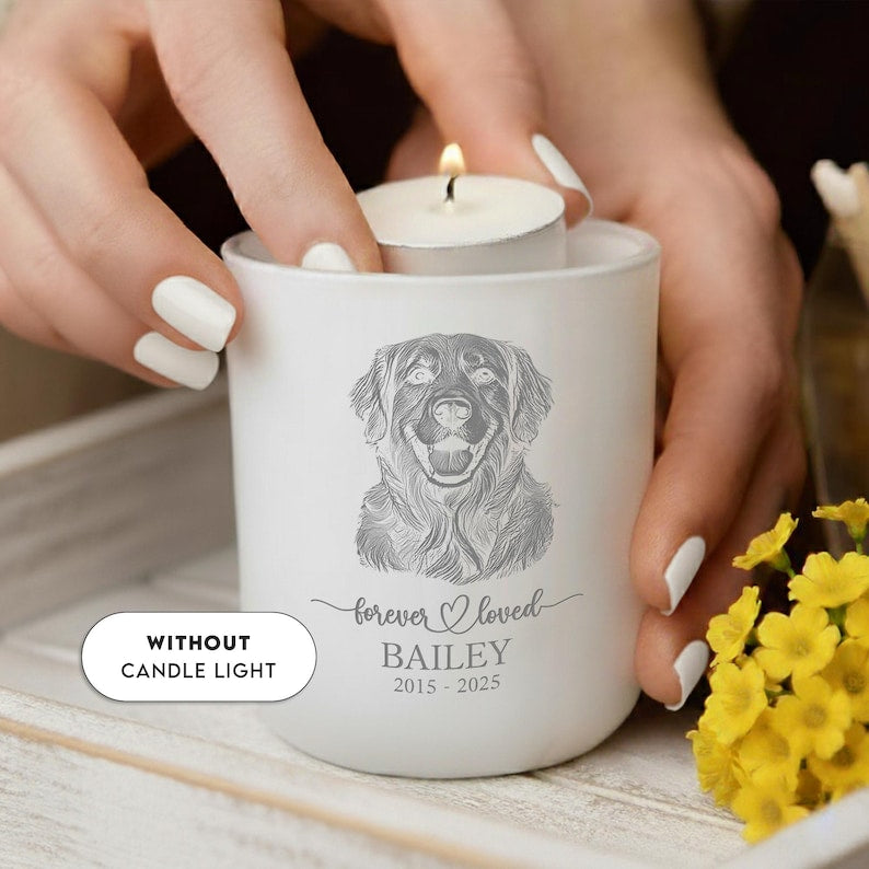 As a memorial tea light holder, this Personalized Pet Memorial Glass Tea Light Holder serves as a lasting pet loss gift.