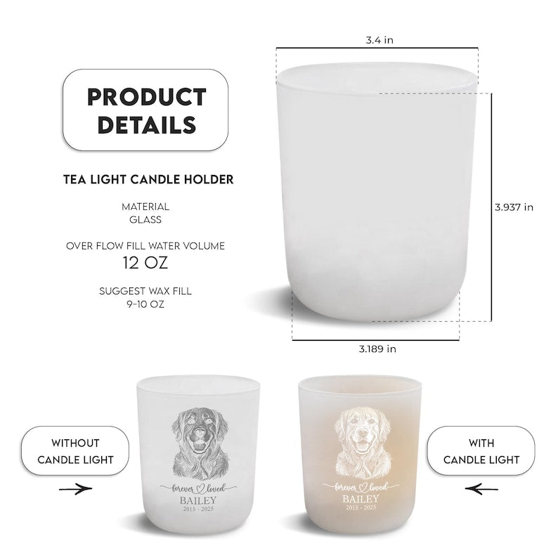 One of our glass tealight candle holders, personalized as an engraved memorial tea light holder and a cherished dog memorial gift.