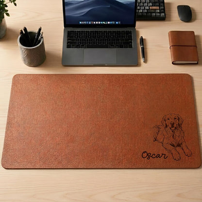 Personalized pet photo leather desk mat, a custom leather desk pad and unique engraved gift for dad.