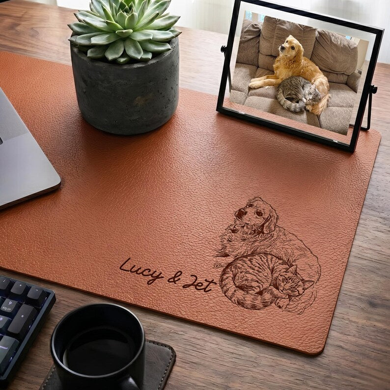 Custom leather desk mat featuring a custom pet photo, making it the perfect dog dad gift for Father's Day 2026.