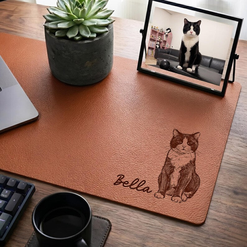 Custom leather mousepad with a pet portrait, perfect as an engraved Father's Day gift for a cat lover dad in 2026.
