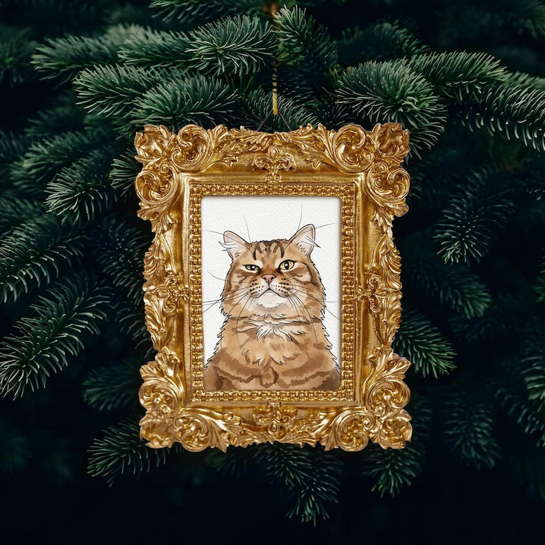 An elegant watercolor Christmas ornament, this Personalized Pet Watercolor Frame Ornament beautifully captures your pet's photo.