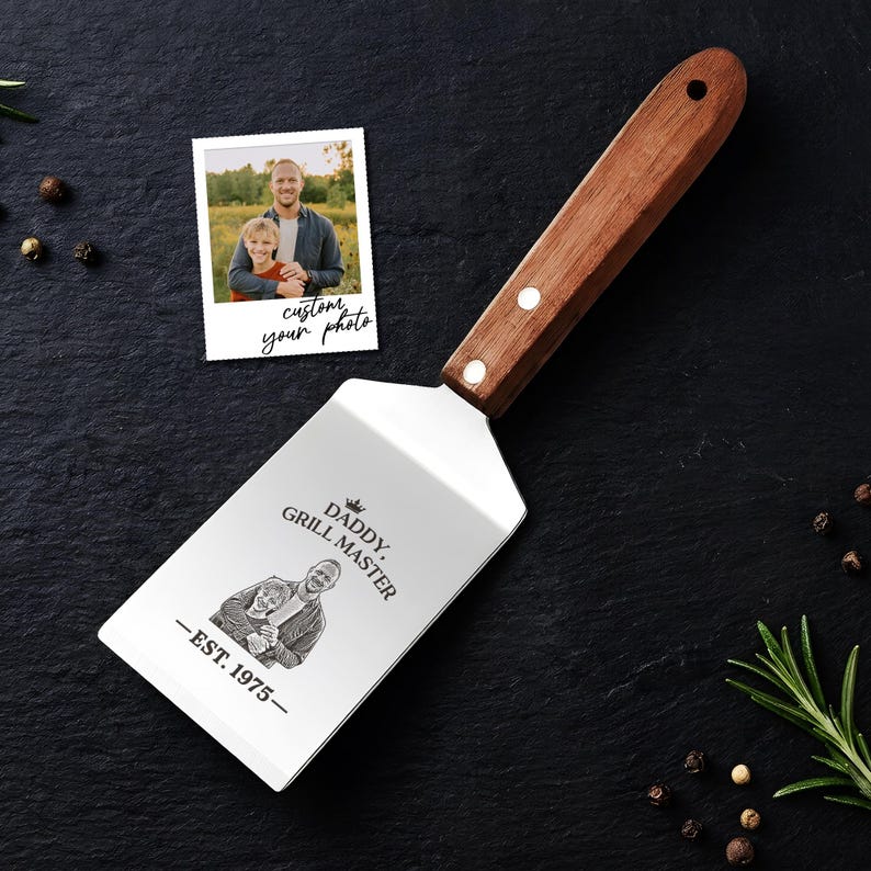 Personalized photo bbq spatula for dad, a unique custom grill spatula and engraved Father's Day gift.