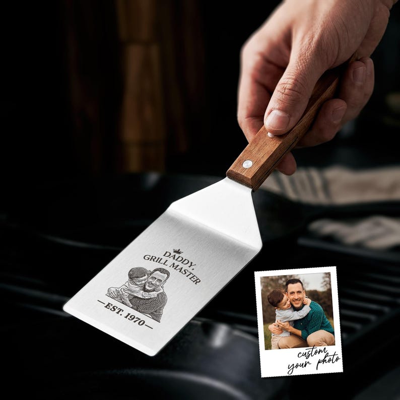 Custom bbq spatula with engraved photo design, the perfect grilling gifts for dad and bbq gifts for dad.