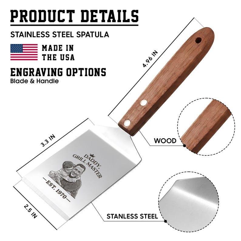 Engraved grill spatula featuring a sturdy metal head, an ideal Father's Day kitchen gift for 2026.