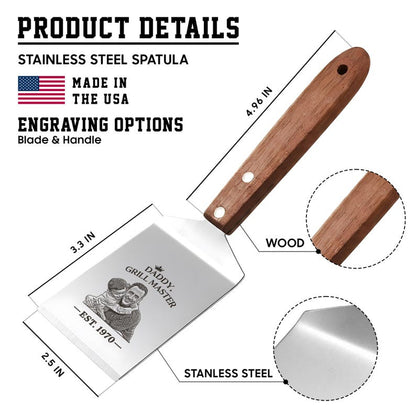 Engraved grill spatula featuring a sturdy metal head, an ideal Father's Day kitchen gift for 2026.