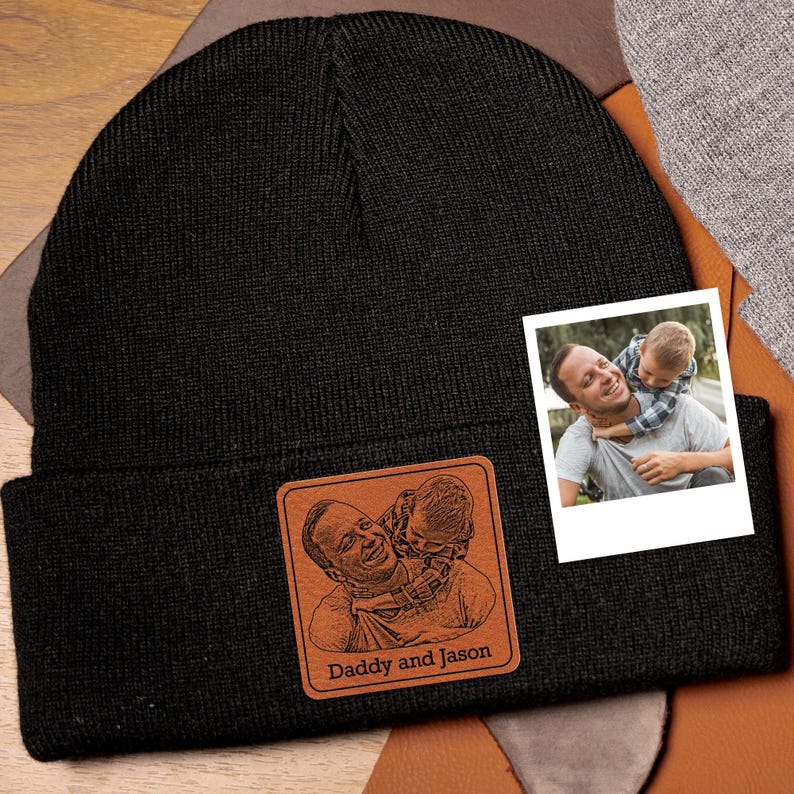 A Personalized Photo Beanie for Dad, a unique custom beanie and perfect Christmas gift for Dad.