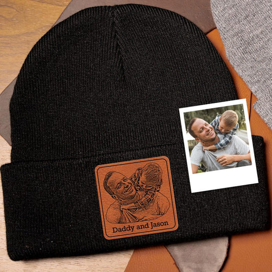 A Personalized Photo Beanie for Dad, a unique custom beanie and perfect Christmas gift for Dad.