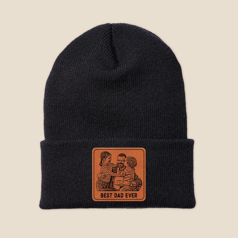 Close-up of a custom patch beanie, the Personalized Photo Beanie is a thoughtful birthday gift for Dad.