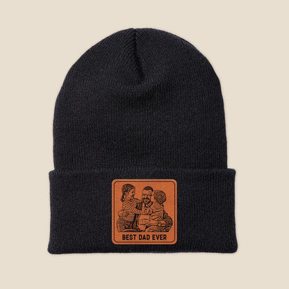 Close-up of a custom patch beanie, the Personalized Photo Beanie is a thoughtful birthday gift for Dad.