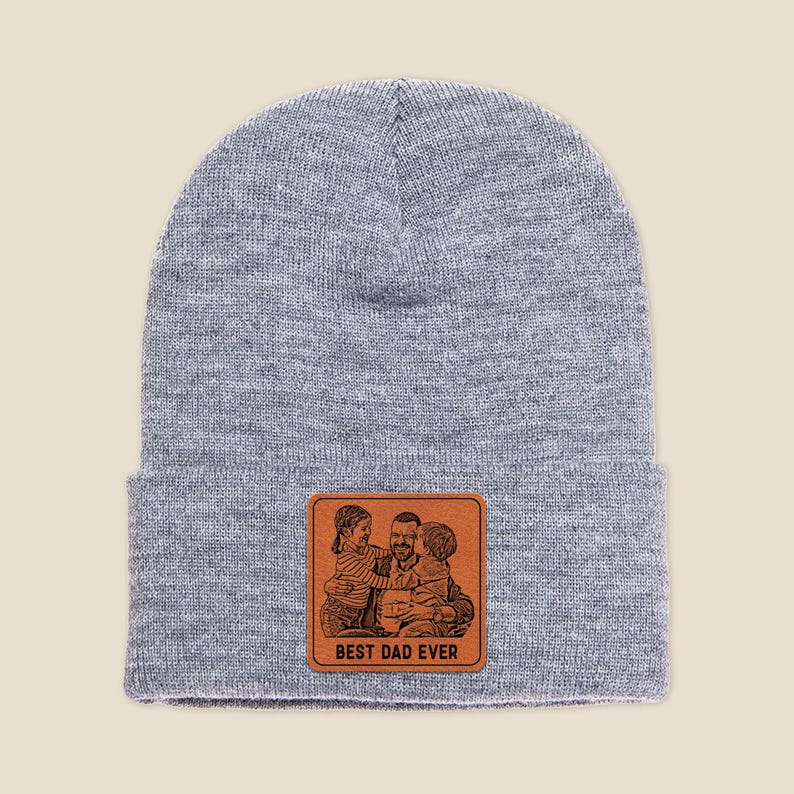 A custom Personalized Photo Beanie, a warm and unique custom patch beanie for Dad's birthday.