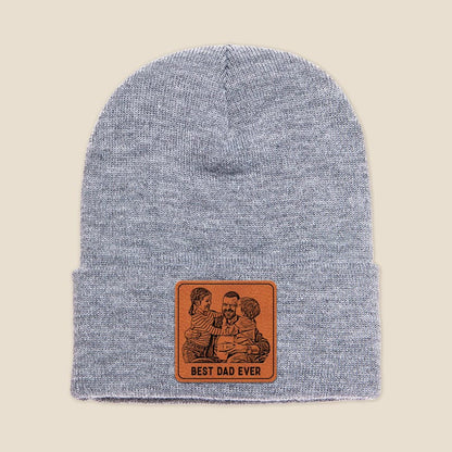 A custom Personalized Photo Beanie, a warm and unique custom patch beanie for Dad's birthday.