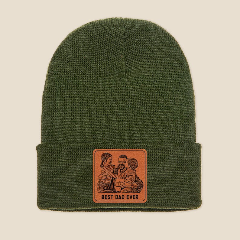 Personalized Photo Beanie for Dad, a unique custom photo beanie and custom patch beanie.
