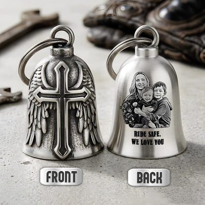 Personalized photo cross wing guardian bell, a unique custom guardian bell and engraved gift for dad.