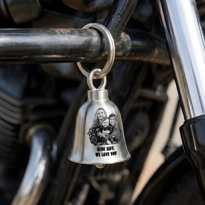Custom engraved motorcycle guardian bell featuring a cross wing bell design, the perfect gift for a motorcycle dad.
